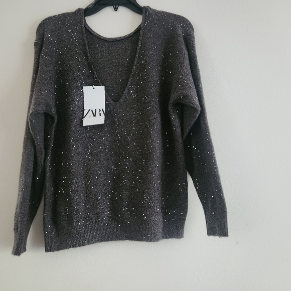 Zara set co-ord sequin knit sweater & midi skirt A-line taupe/brown sz M BNWT - Picture 5 of 13